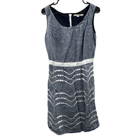 Boden Summer Fun Denim Blue & White Embroidered Sleeveless Mini Dress Size 10 - Picture 1 of 9